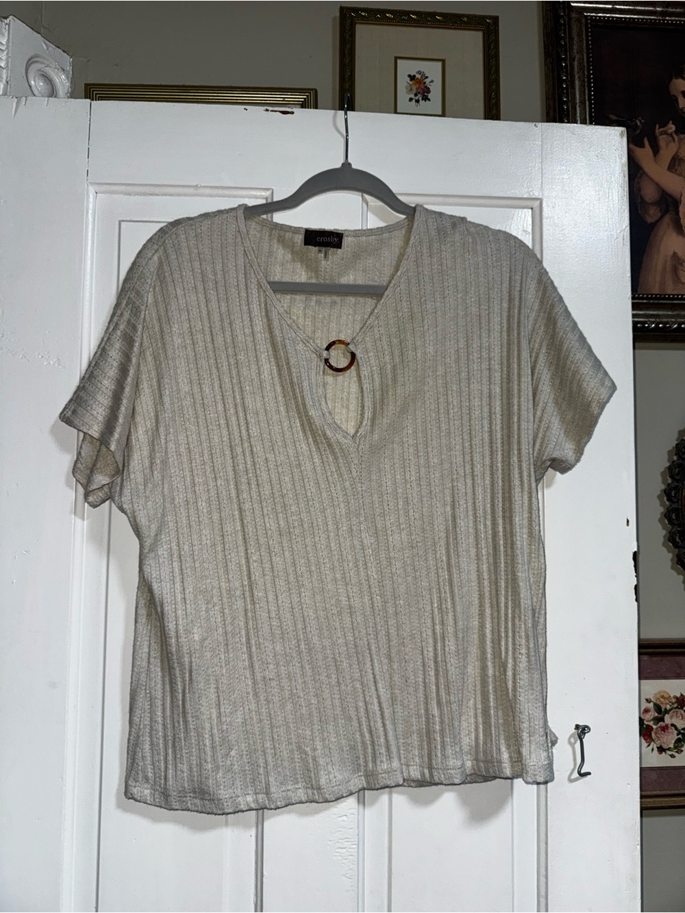crosby. Ribbed Short Sleeve Top in Light Cream with Ring Detail